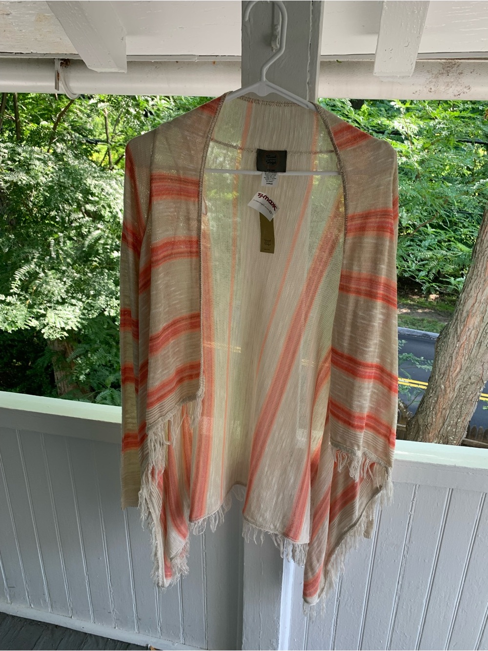 Open-Front Fringe Cardigan Sweater - Coral & Cream